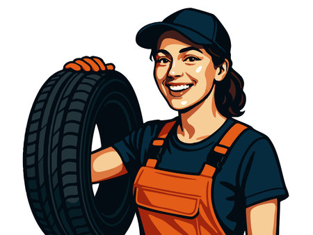 Tire Technician cheerful female mechanic in uniform and gloves holding a car tire, ideal for automotive and repr themes. raster colorful pop art illustration.の写真素材