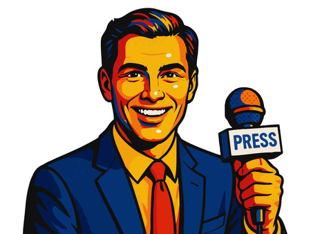 male journalist in a suit holding a press microphone, perfect for media or communication themes. raster colorful pop art illustration.の写真素材