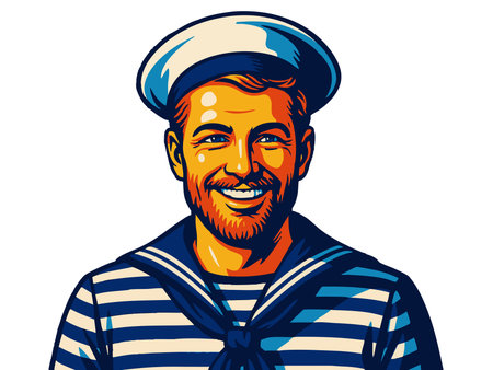 cheerful bearded sailor in classic striped navy uniform, perfect for nautical, vintage, or maritime themes. raster colorful pop art illustration.の写真素材