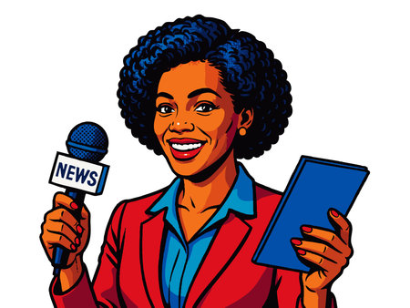 Female journalist in a suit holding a press microphone, perfect for media or communication themes. raster colorful pop art illustration.の写真素材