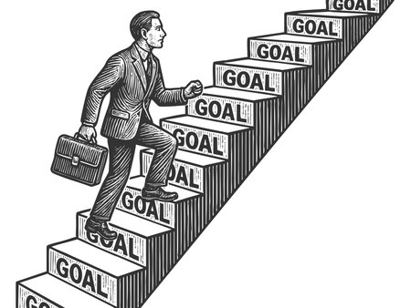 businessman climbing a strcase labeled Goal on each step, progress, ambition, and success sketch engraving fictional character raster illustration. Scratch board. Black and white.の写真素材