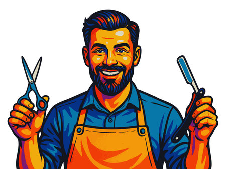 cheerful male barber in apron, holding scissors and a strght razor, perfect for grooming and salon concepts. raster colorful pop art illustration.の写真素材