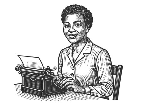 woman sitting at a desk with a typewriter, perfect for writing, journalism, or history themes sketch engraving fictional character raster illustration. Scratch board. Black and white.の写真素材