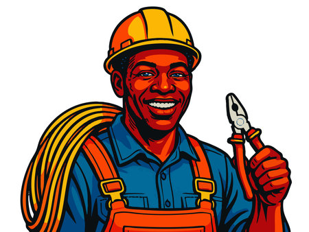 cheerful male electrician with pliers and cable, ideal for trade, industry, and career visuals. Generative ai raster colorful pop art illustration.の素材