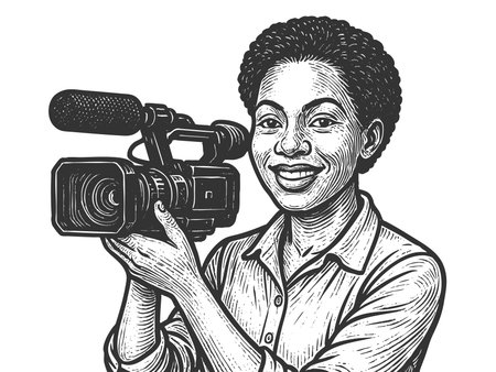smiling woman holding a professional video camera, ideal for media, journalism, and filmmaking themes sketch engraving raster illustration. Scratch board. Black and white image.の写真素材