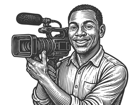 smiling man holding a professional video camera, ideal for media, journalism, and filmmaking themes sketch engraving raster illustration. Scratch board. Black and white image.の写真素材