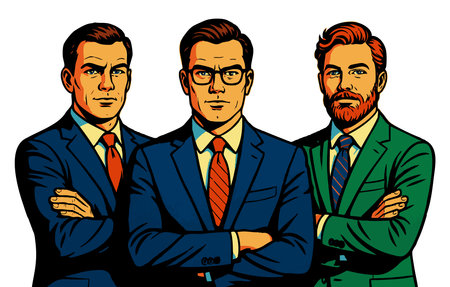 serious businessmen in suits standing with arms crossed, symbolizing teamwork, leadership, and professionalism. Generative ai raster colorful pop art illustration.の素材