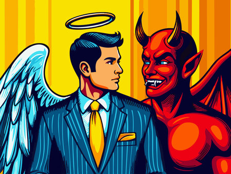 man as an angel facing a devil, symbolizing internal moral conflict and duality. raster colorful pop art illustration.の写真素材