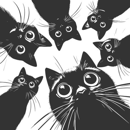 Adorable group of curious black cats with big eyes peering downward sketch engraving fictional character vector illustration. Scratch board imitation. Black and white image.のイラスト素材