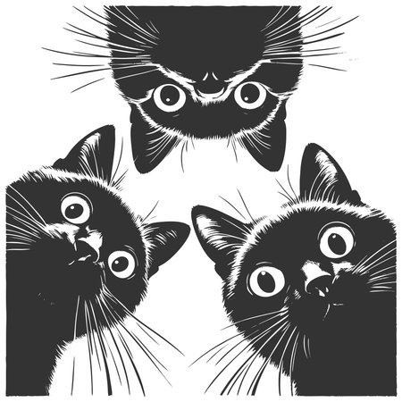 Adorable group of curious black cats with big eyes peering downward sketch engraving fictional character vector illustration. Scratch board imitation. Black and white image.のイラスト素材