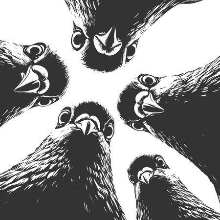 pigeons looking down, humorous visual concepts sketch engraving fictional character vector illustration. Scratch board imitation. Black and white image.のイラスト素材