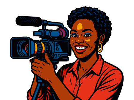 woman filming with a professional video camera, ideal for media and production themes. raster colorful pop art illustration.の写真素材