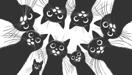 Adorable group of curious black cats with big eyes peering downward sketch engraving generative ai fictional character vector illustration. Scratch board imitation. Black and white image.の素材