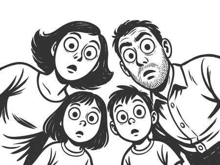 shocked family of four peering downward with wide-eyed, exaggerated expressions of surprise sketch engraving generative ai fictional character vector illustration. Scratch board. Black and white imageの素材