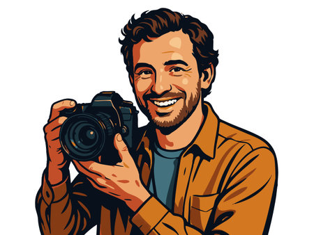 cheerful man aiming a DSLR camera, ideal for photography, content creation, and creative industry themes. Generative ai vector colorful pop art illustration.の素材