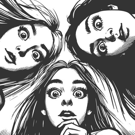 women with shocked expressions gazing downward in a dramatic, emotional moment sketch engraving generative ai fictional character vector illustration. Scratch board imitation. Black and white image.の素材