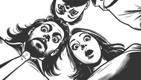 surprised adults peering downward with wide eyes and open mouths in shock sketch engraving fictional character vector illustration. Scratch board imitation. Black and white image.のイラスト素材