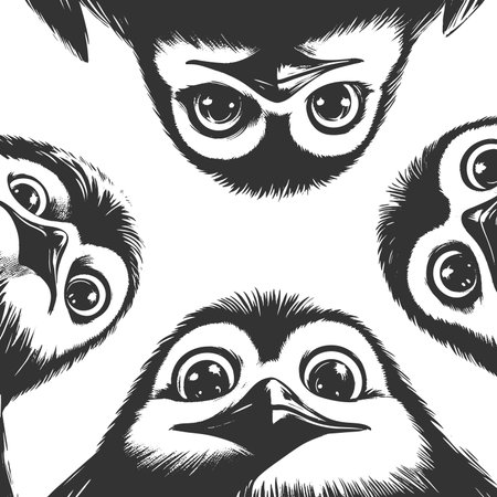 adorable penguins staring downward with wide-eyed, curious, and surprised expressions sketch engraving raster illustration. Scratch board imitation. Black and white image.の写真素材