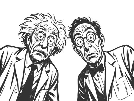 eccentric scientists with wild expressions peering downward in disbelief and curiosity sketch...