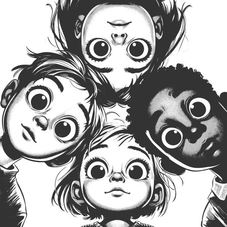 kids gazing downward in a circle with innocent, curious expressions sketch engraving generative ai fictional character vector illustration. Scratch board imitation. Black and white image.の素材