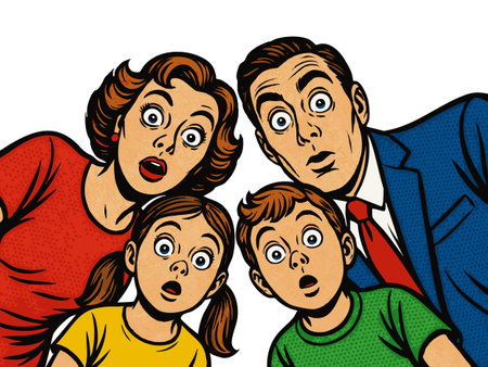 Colorful vintage pop art illustration of a classic family of four staring downward with wide eyes and surprised expressions. Generative ai vector colorful pop art illustration.の素材