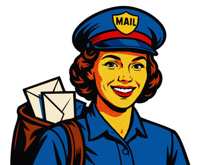 postal worker in uniform with a mailbag full of letters, inspired by vintage comic aesthetics....