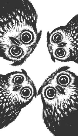 wide-eyed owls peeking downward with expressive faces sketch engraving vector illustration. Scratch board imitation. Black and white image.のイラスト素材