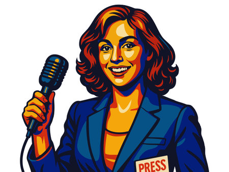 Female journalist in a suit holding a press microphone, perfect for media or communication themes. vector colorful pop art illustration.の素材