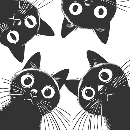 Adorable group of curious black cats with big eyes peering downward sketch engraving fictional character vector illustration. Scratch board imitation. Black and white image.のイラスト素材