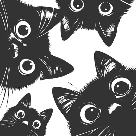 Adorable group of curious black cats with big eyes peering downward sketch engraving fictional character vector illustration. Scratch board imitation. Black and white image.のイラスト素材