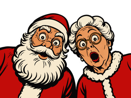 Santa Claus and Mrs Claus with wide eyes and shocked expressions, dressed in classic red outfits. vector colorful pop art illustration.のイラスト素材