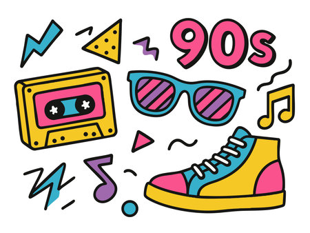 Vibrant 1990s themed cartoon illustration featuring cassette tape, sunglasses, sneaker, and music symbols in bright pop art style. Generative ai raster colorful pop art illustration.の素材