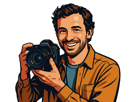 cheerful man aiming a DSLR camera, ideal for photography, content creation, and creative industry themes. Generative ai raster colorful pop art illustration.の素材