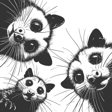 wide-eyed opossums peering downward in a circle, with expressive faces and whiskers sketch engraving vector illustration. Scratch board imitation. Black and white image.のイラスト素材