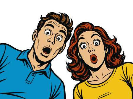 shocked Surprised married couple of parents looking downward, perfect for reaction, humor, or retro concepts. Generative ai raster colorful pop art illustration.の素材