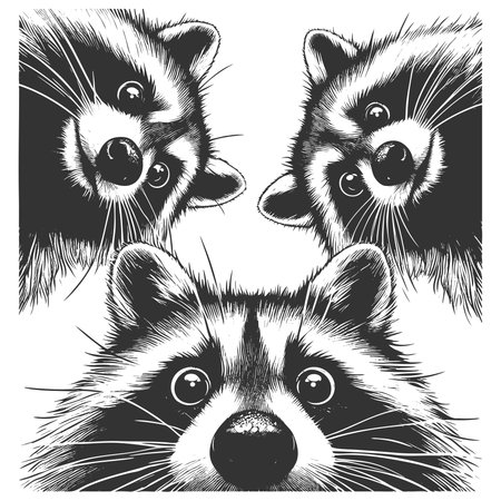 three raccoons peering downward with wide-eyed expressions, ideal for humor or wildlife themes sketch engraving vector illustration. Scratch board imitation. Black and white image.のイラスト素材