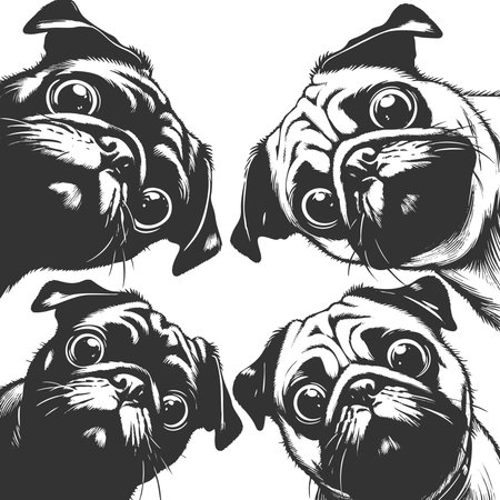 pug dog faces peeking in from the corners, with expressive and curious looks sketch engraving fictional character vector illustration. Scratch board imitation. Black and white image.のイラスト素材