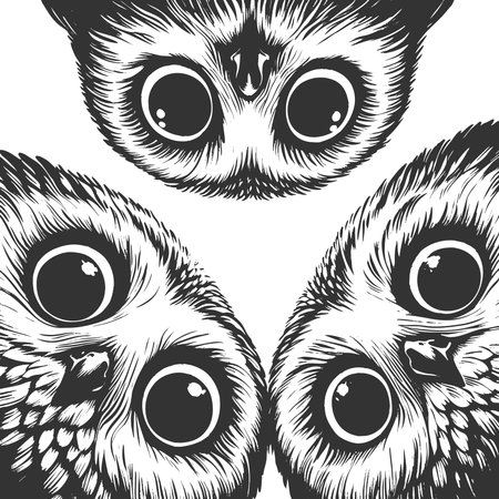 wide-eyed owls peeking downward with expressive faces sketch engraving vector illustration. Scratch board imitation. Black and white image.のイラスト素材