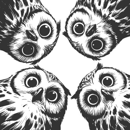 wide-eyed owls peeking downward with expressive faces sketch engraving vector illustration. Scratch board imitation. Black and white image.のイラスト素材