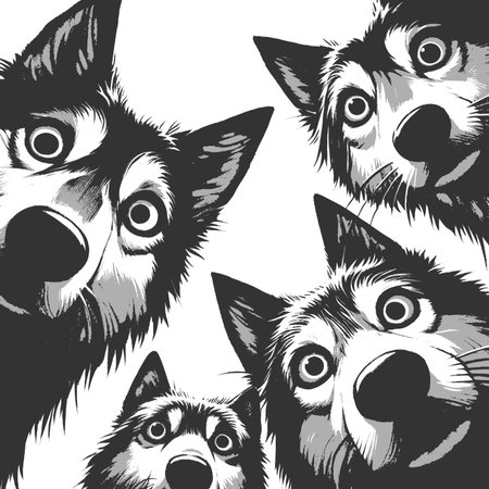 wide-eyed huskies peering downward with surprised, playful expressions in a comic art style sketch...