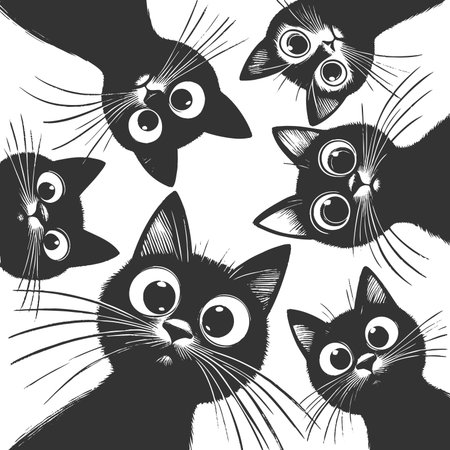Adorable group of curious black cats with big eyes peering downward sketch engraving fictional...