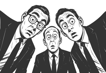 men in suits staring downward with exaggerated surprised expressions, suggesting shock or discovery...
