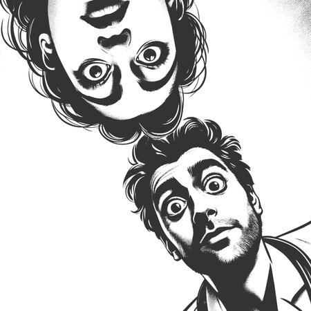 two surprised faces looking down, mimicking a dramatic comic or movie perspective sketch engraving fictional character raster illustration. Scratch board imitation. Black and white.の写真素材