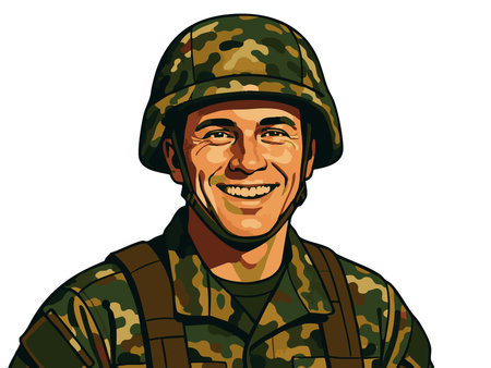 male soldier wearing a helmet and camouflage uniform, ideal for military, service, or patriotic themes. raster colorful pop art illustration.の写真素材