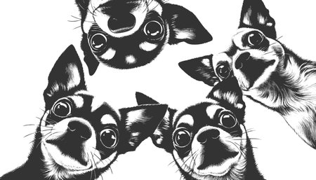 chihuahuas dogs peering downward with wide eyes, perfect for pet, humor, or design themes sketch engraving vector illustration. Scratch board imitation. Black and white image.のイラスト素材