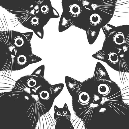 Adorable group of curious black cats with big eyes peering downward sketch engraving fictional character vector illustration. Scratch board imitation. Black and white image.のイラスト素材