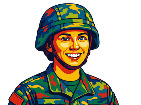 cheerful female soldier in camouflage uniform and helmet, representing military service and patriotism. Generative ai vector colorful pop art illustration.の素材