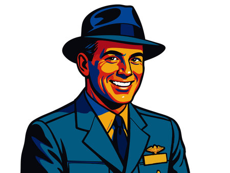 smiling officer in trench coat and fedora. raster colorful pop art illustration.の写真素材