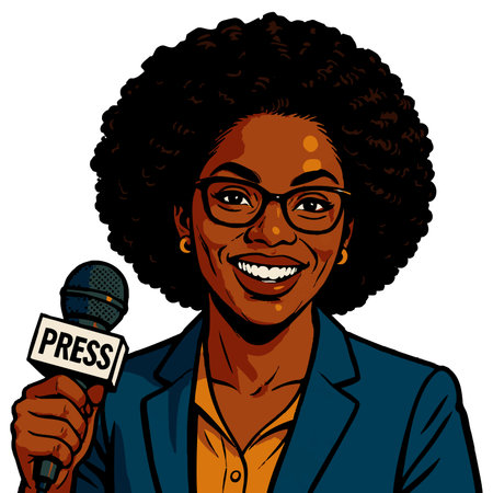 Female journalist in a suit holding a press microphone, perfect for media or communication themes. raster colorful pop art illustration.の素材