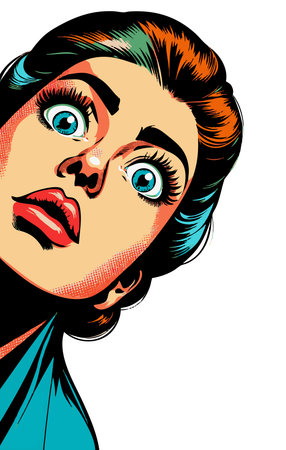 surprised woman with bright blue eyes and red lips, looking up with a dramatic expression. Generative ai raster colorful pop art illustration.の素材